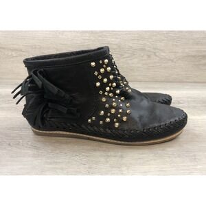 Zara Women's Black Leather Studded Ankle Boots 7.5 Moccasin Fringe Boho Festival